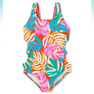 Cat & Jack Girls' 'Leaf It Alone' Leaf Print One Piece Swimsuit size large 10/12